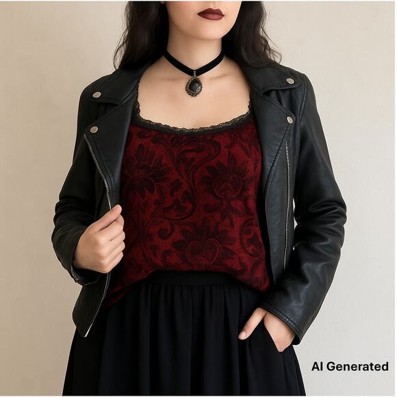 Coldwater Creek Red Black Damask Tank Top 1X Lace Trim Sleeveless Whimsigoth - Picture 6 of 12